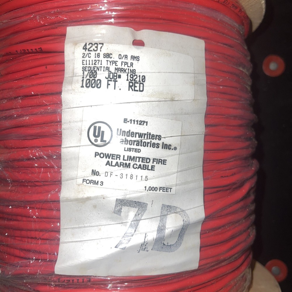 Alarm Cable 1000 Feet shielded 2 Conductor Solid Copper 16 AWG Type FLPR￼ 4237