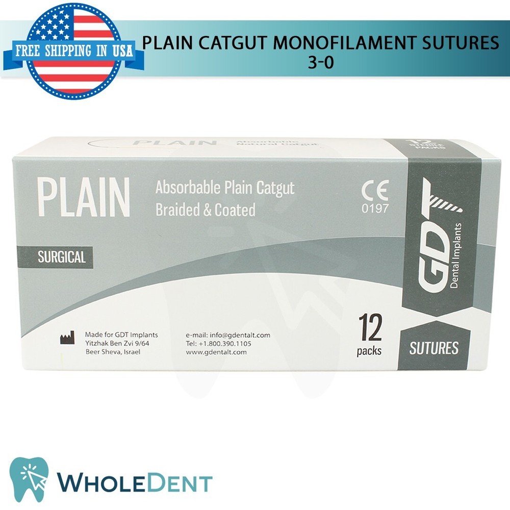 Monofilament Plain Catgut Suture Sewing Thread 3/8 Circle Reverse Sterile 3-0