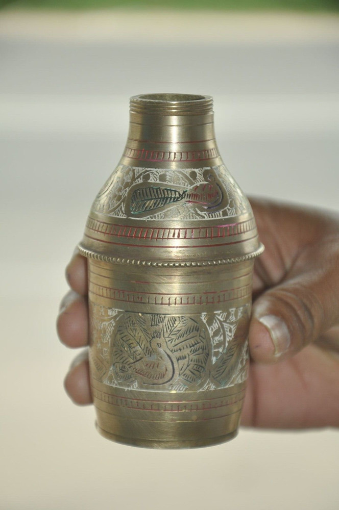 Vintage Unique Shape Brass Handcrafted Lacquer Work Powder Bottle