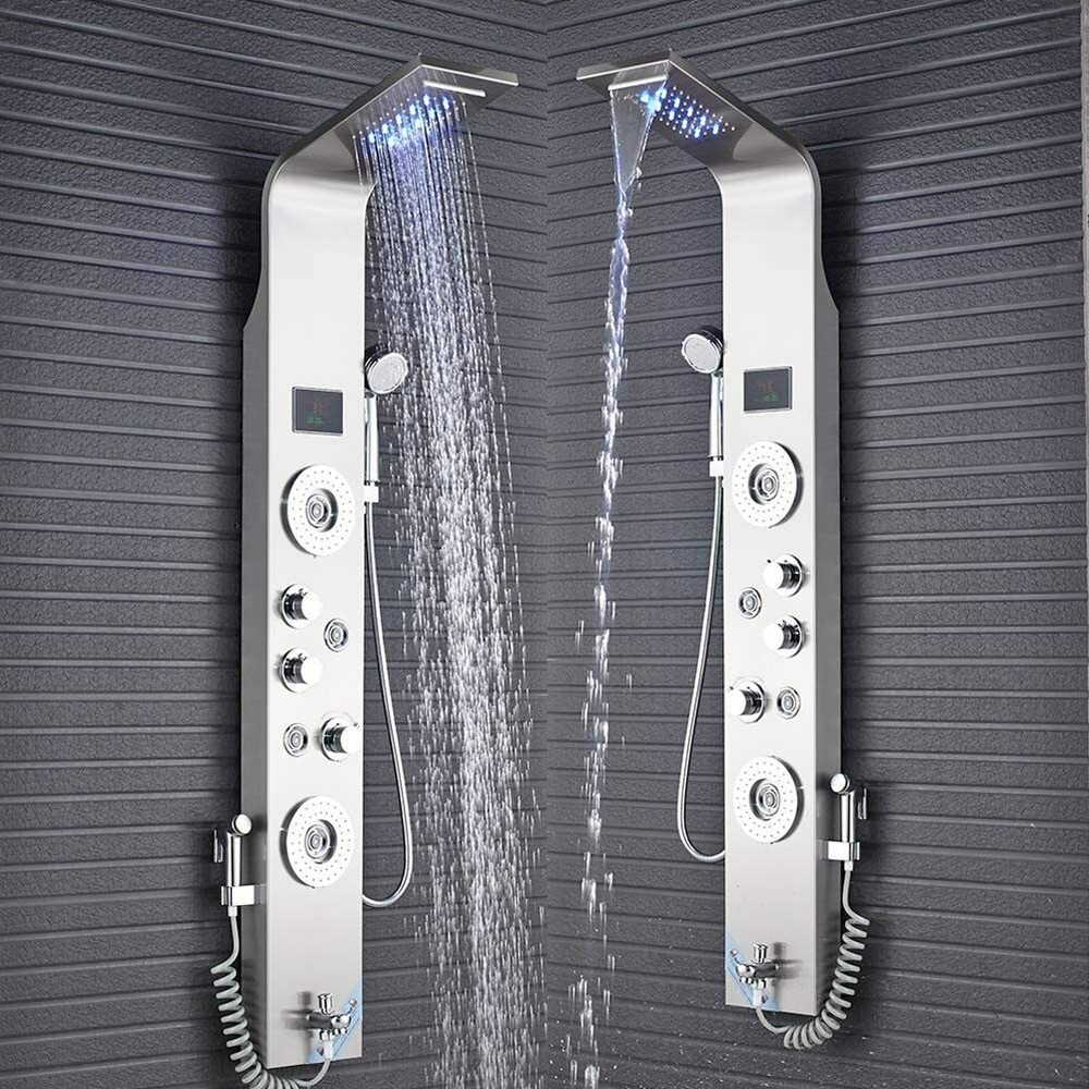 LED Shower Tower Panel Rainfall Waterfall Massage Shower Faucet System Stainless