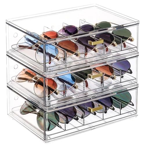 Clear Acrylic Sunglasses Organizer, Stackable Eyewear Storage with Gold 3 Pack