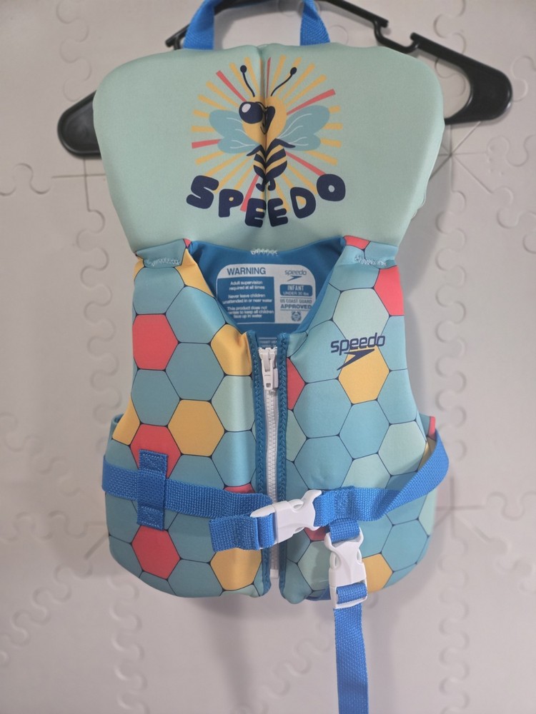 Speedo Infant Life Jacket Flotation Vest Blue Multicolor Hex Pattern Zip Front