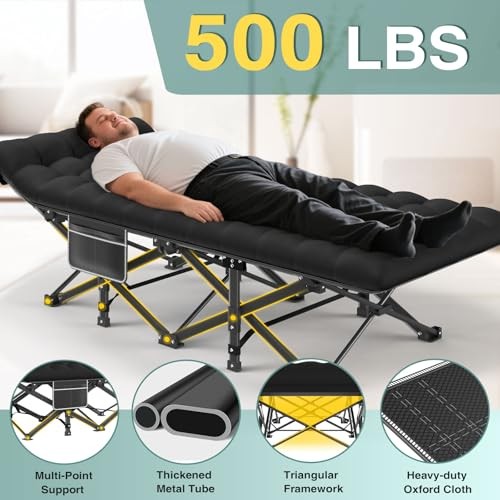 Camping Cot for Adults, Heavy Black Frame + Black Cushion Basic - 75x28x15"