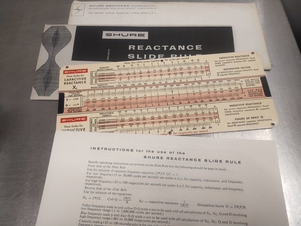 SHURE Brothers Microphones Reactance Slide Rule with Instructions, envelope NOS