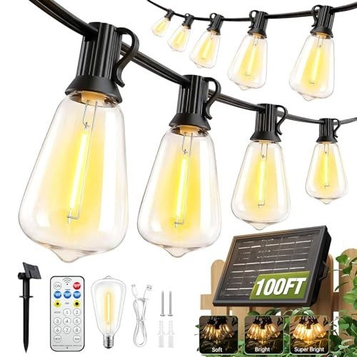 100FT Waterproof Solar String Lights with Remote & Timer, LED Shatterproof Bulbs