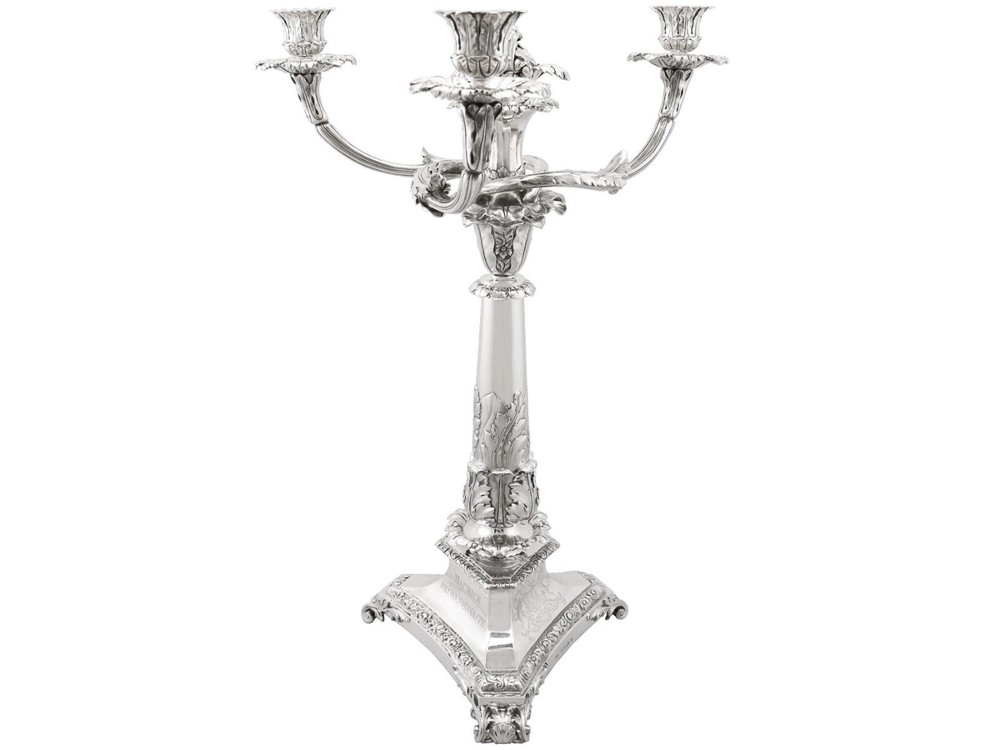 Sterling Silver Three Light Candelabrum Centrepiece - Antique George IV