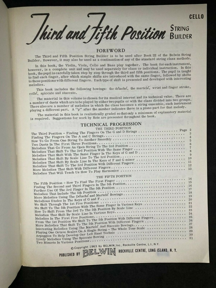 BELWIN Course for Strings: Third and Fifth Position String Builder Cello EL01938