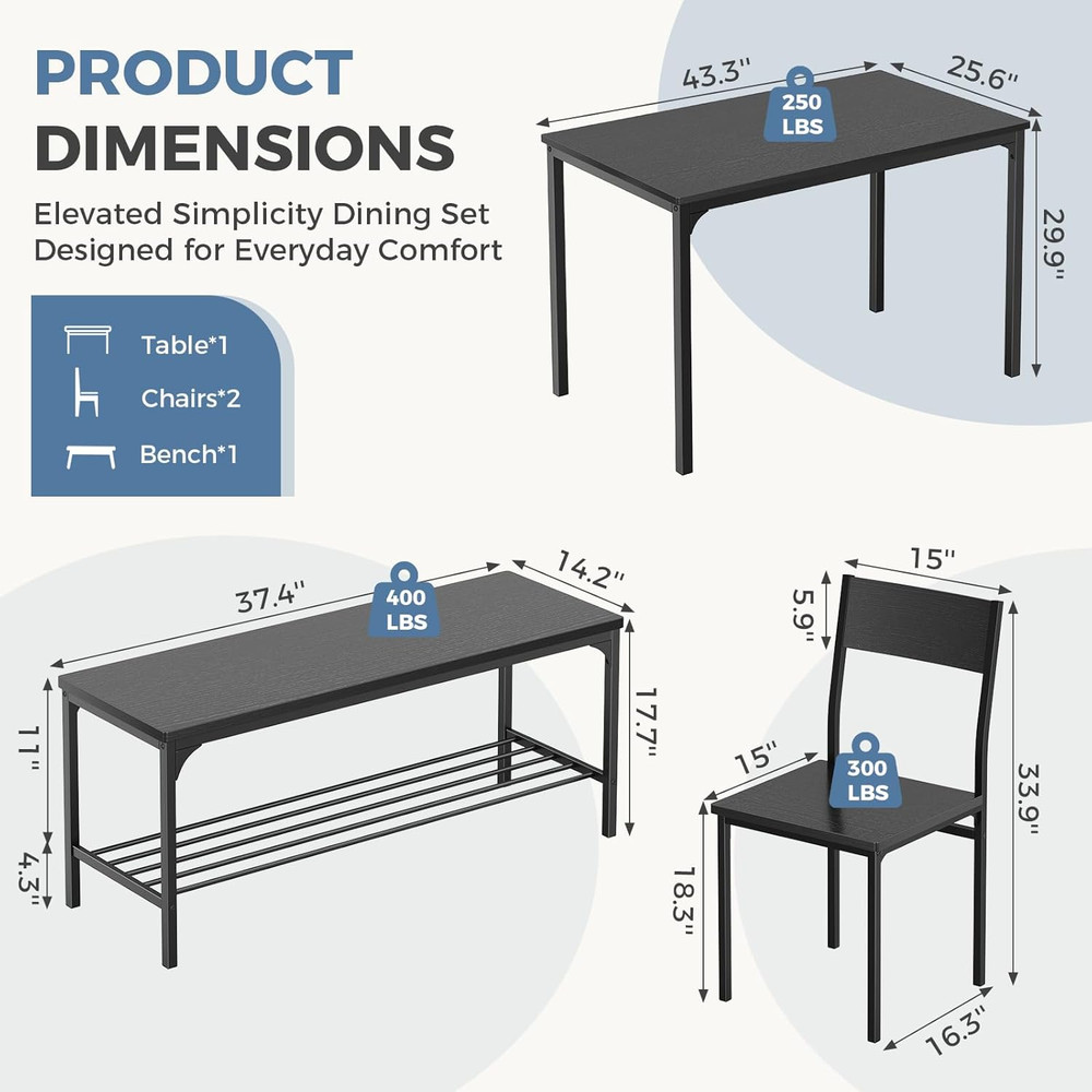 Dining Table, Dining Table Set for 4 with Bench, Easy to Assemble Kitchen Table,