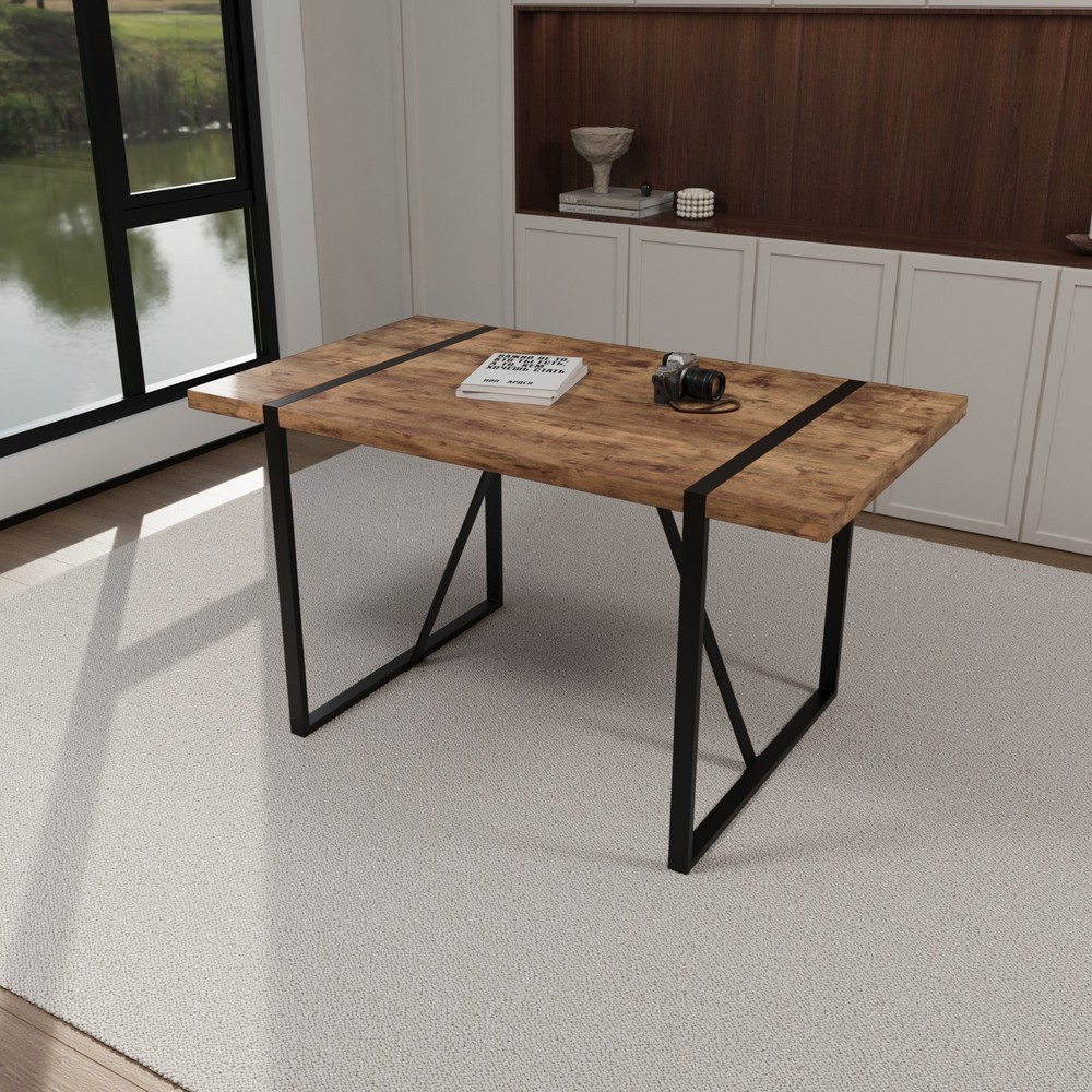 55 " dining table modern rural industrial rectangular MDF dark wood, 4-6 peopl