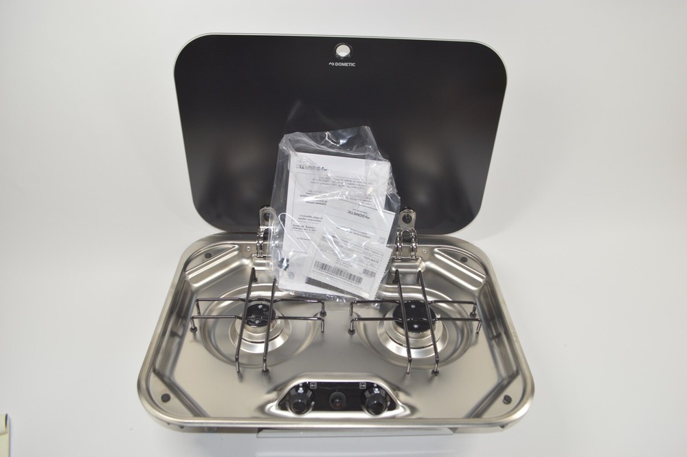 Dometic PI8022 2-Burner RV / Marine Propane Teardrop Cooktop Stove w/ Glass Lid