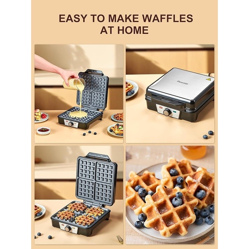 4 Slice Belgian Waffle Maker 1200W Nonstick Easy Clean Space Saving Design New