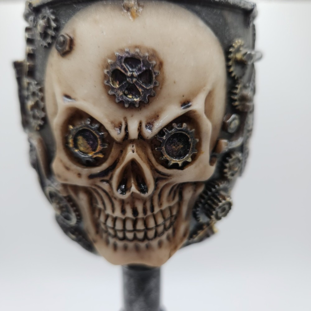 Steampunk Mechanical Gearwork Skull Face Wine Goblet 7.5”