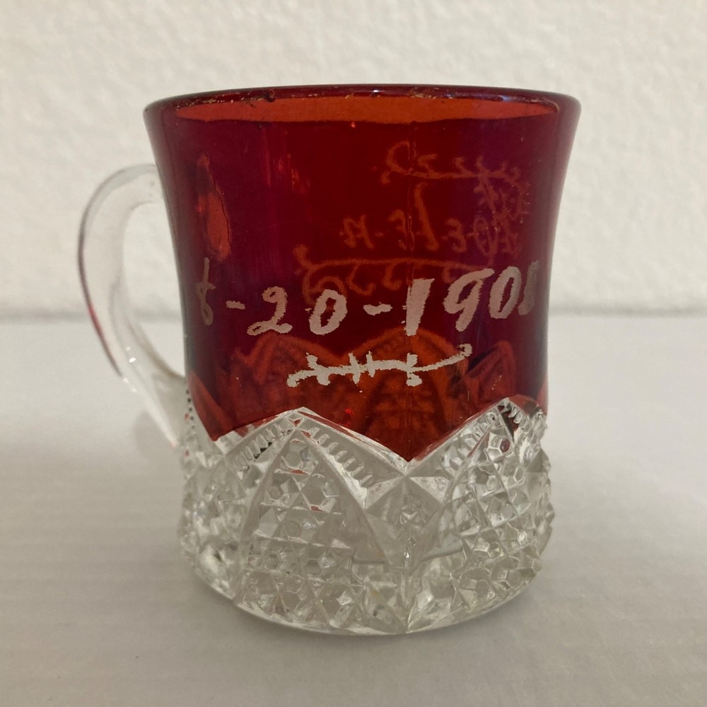 Antique Ruby Red Flash Miniature Mug Toothpick Holder Engraved Helen 08-20-1901