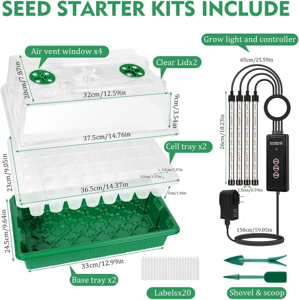 Adjustable Brightness & Smart Control Seed Starter Kit with 2 Trays - Indoor Use