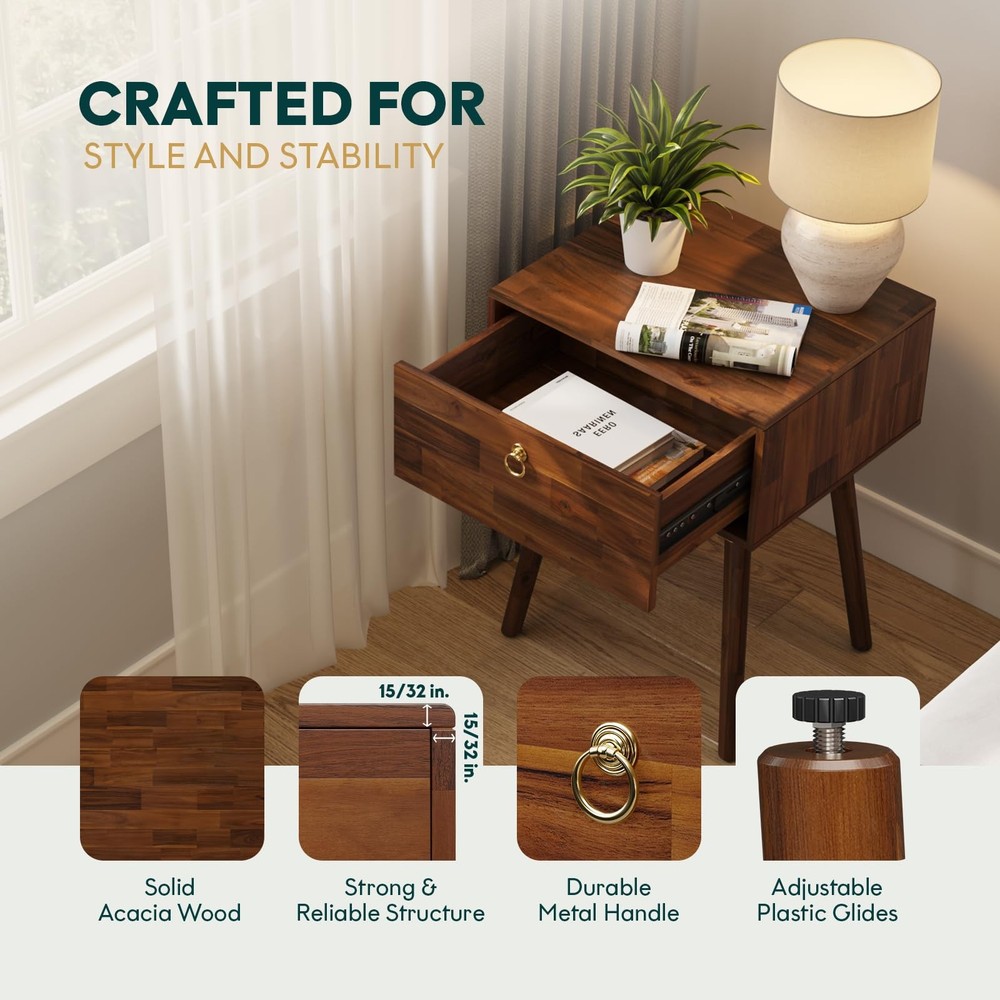 Alden Solid Wood Nightstand/Side Table/End Table, Fully Assembled, with 1-Dra...