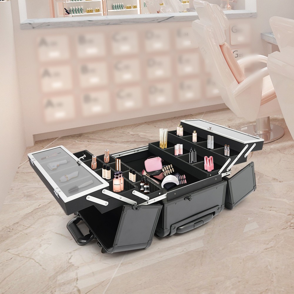 Makeup Case with 6 Trays Lockable Rolling Makeup Case Multi-Layer Makeup Case