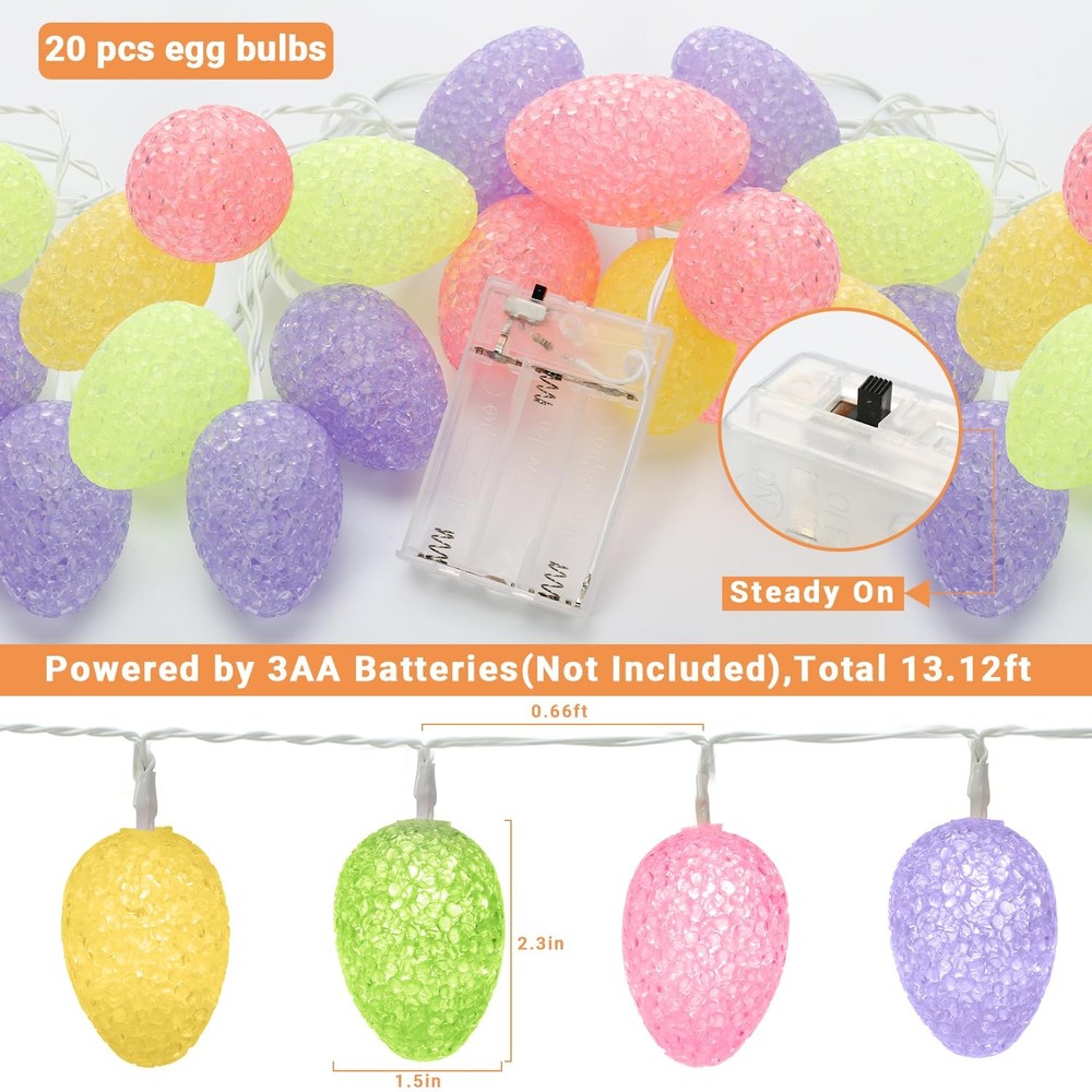 Egg String Lights, 13.12ft 20 LED Easter Egg Lights, Battery Operated C