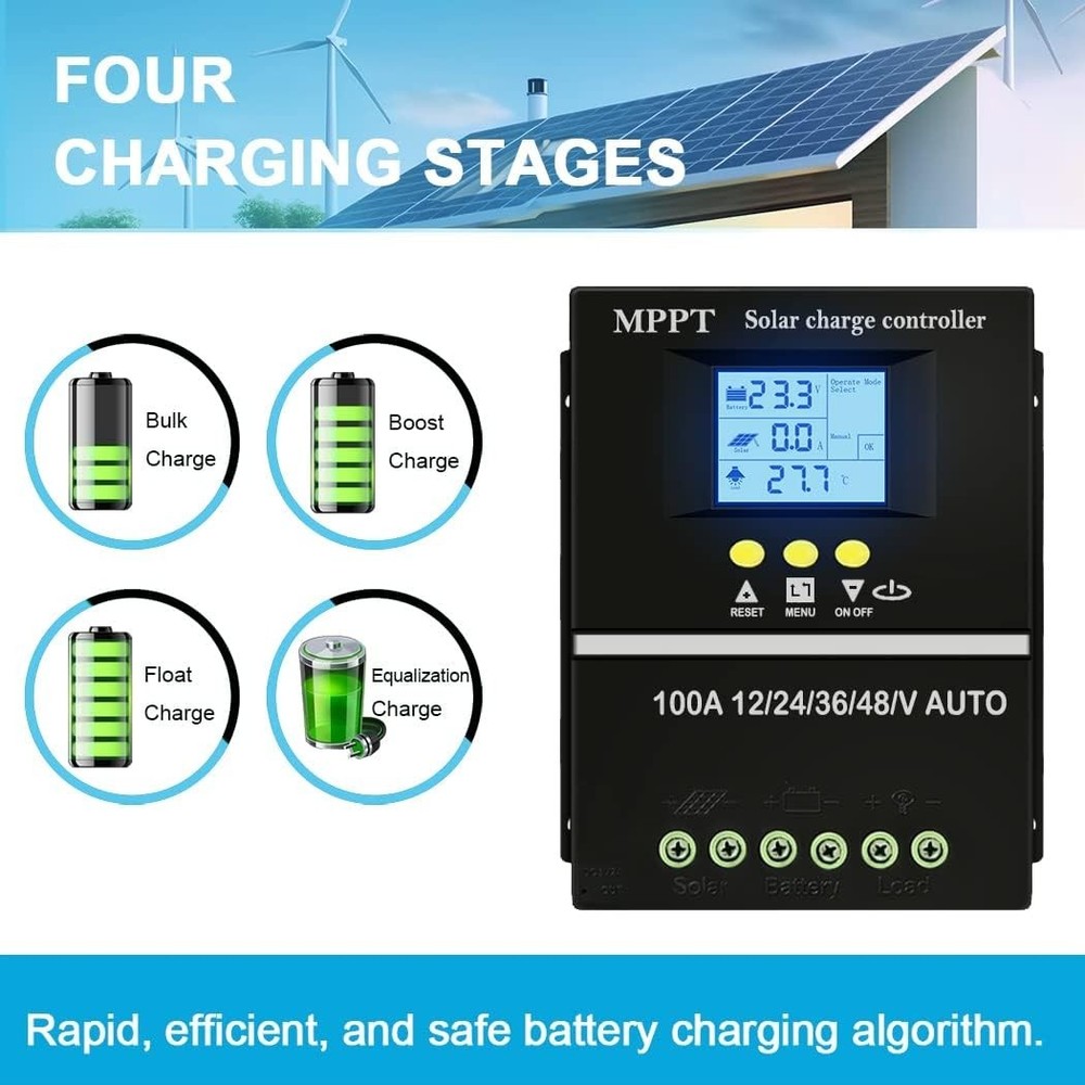 High Efficiency 100A MPPT Solar Charge Controller with Safety Features - 12V-48V