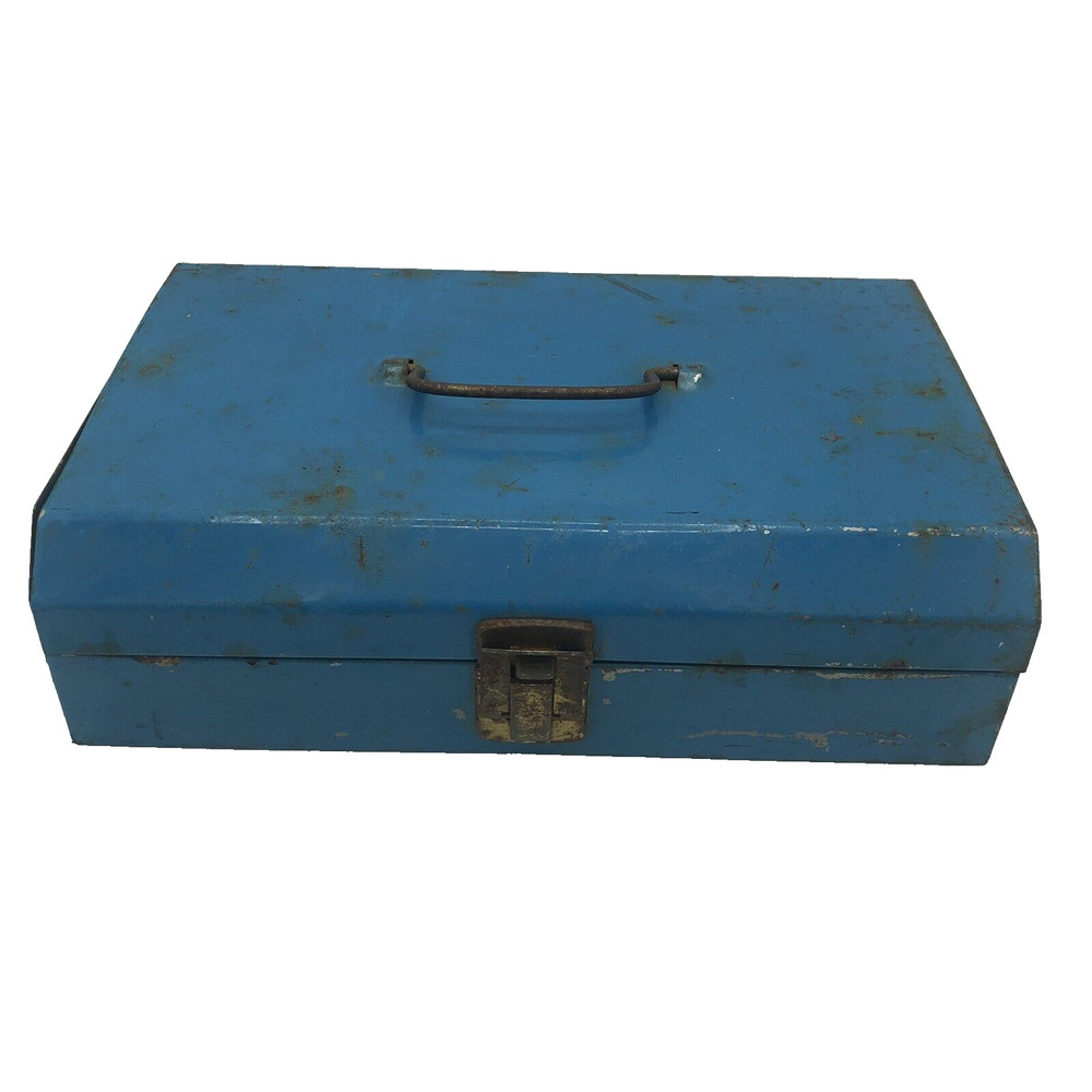 Vintage Metal Teal Blue Tool Tackle Torch Erector Box Case With Handle 7" x 11"
