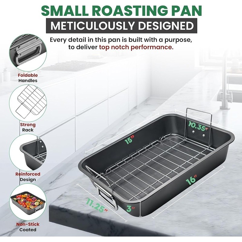 Double Layer Nonstick Roasting Pan Rack Oven Safe Durable Easy Clean Roast Meat