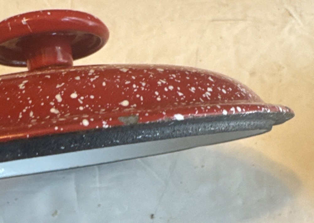 John Wright Cast Iron Red Speckle Enamel Lid 6 1/8”