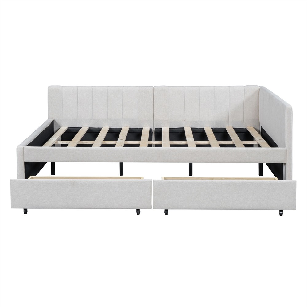 Full Size Daybed Upholstered Bed Frame Sofa Bed w/ 2 Storage Drawers Beige