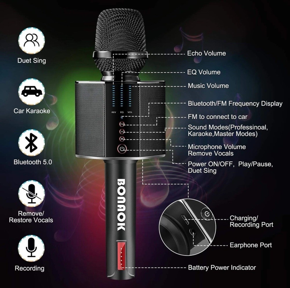 BONAOK Karaoke Microphone, Portable Wireless Bluetooth Mic System- BRAND NEW