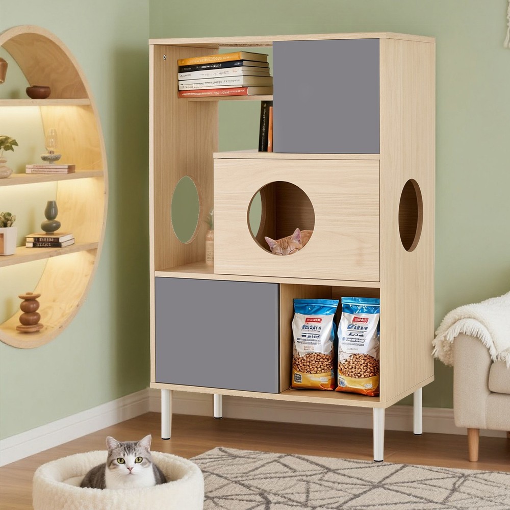 Modern Cat Tree & Side Cabinet with Litter Box & Hidden Storage