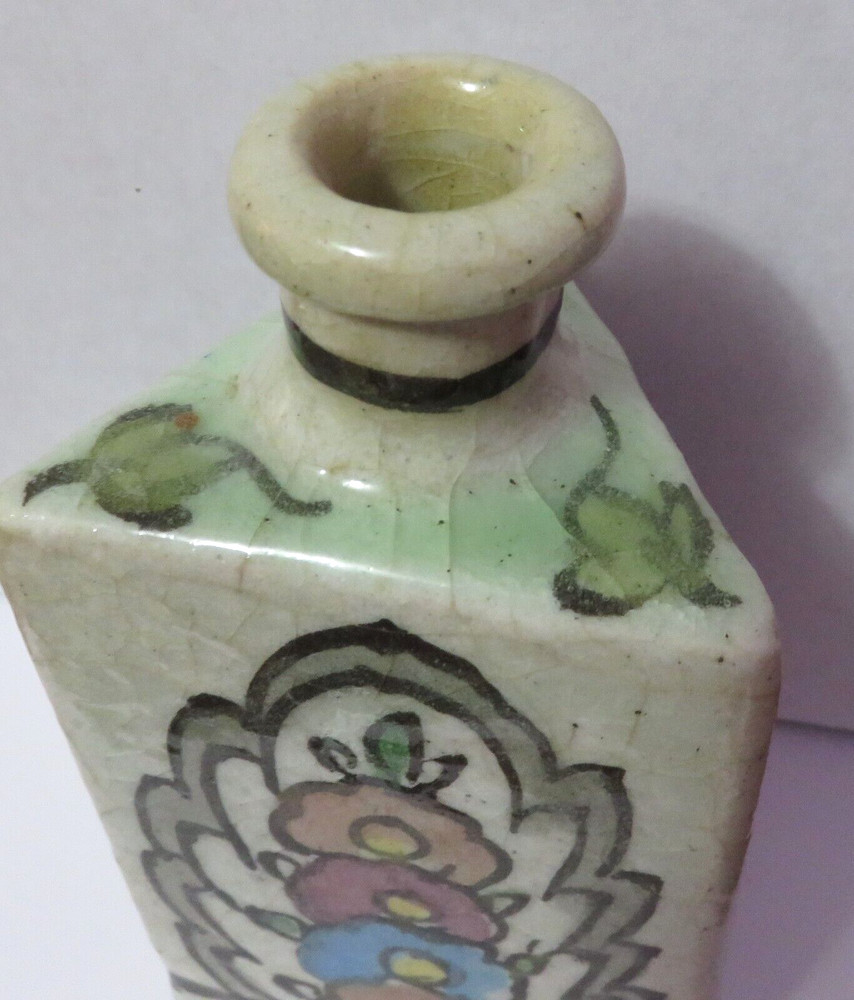 ANTIQUE HANDPAINTED STONEWARE TRIANGLE SHAPED BOTTLE