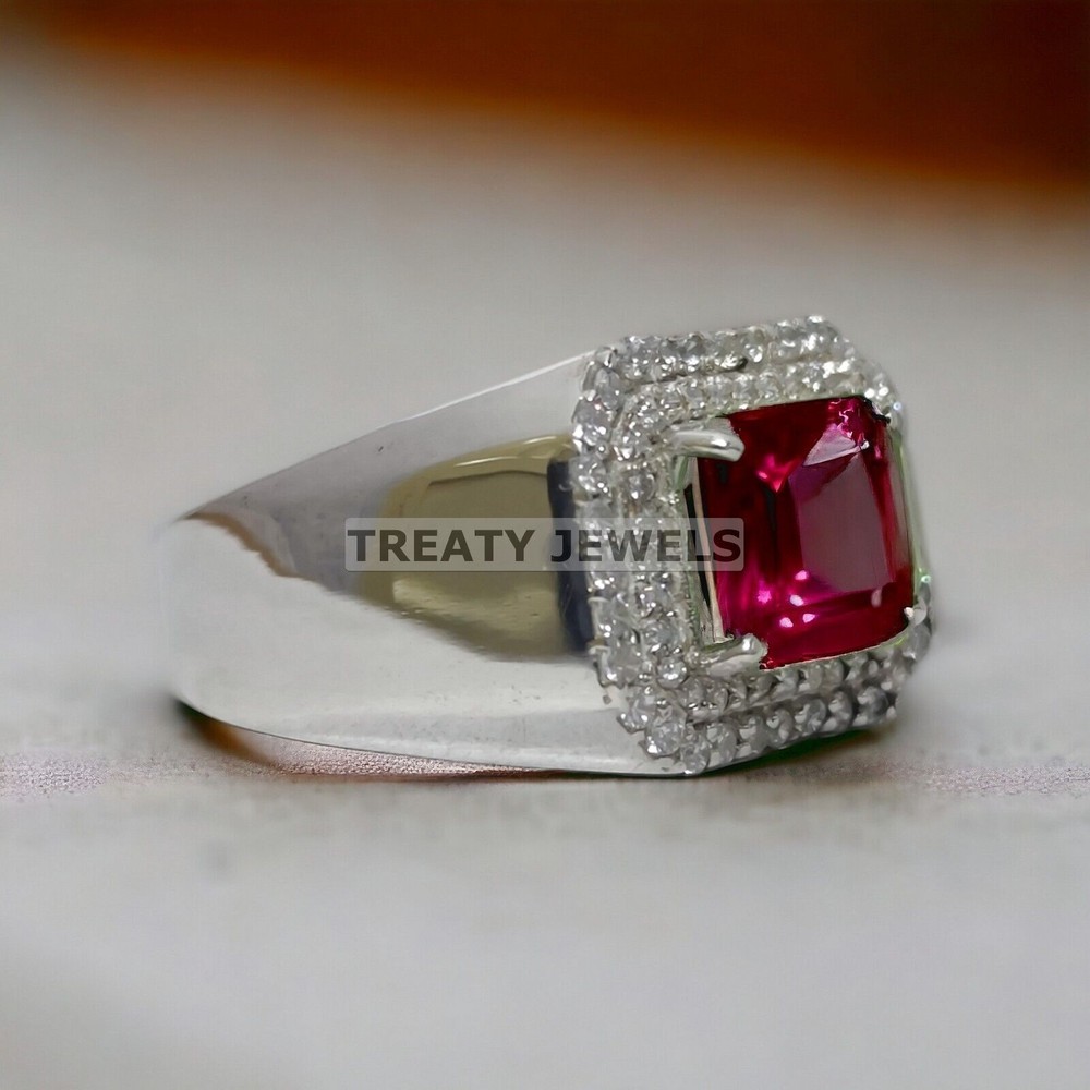 Ruby Emerald Cut Gemstone With 14K Solid White Gold Ring For Men's #999