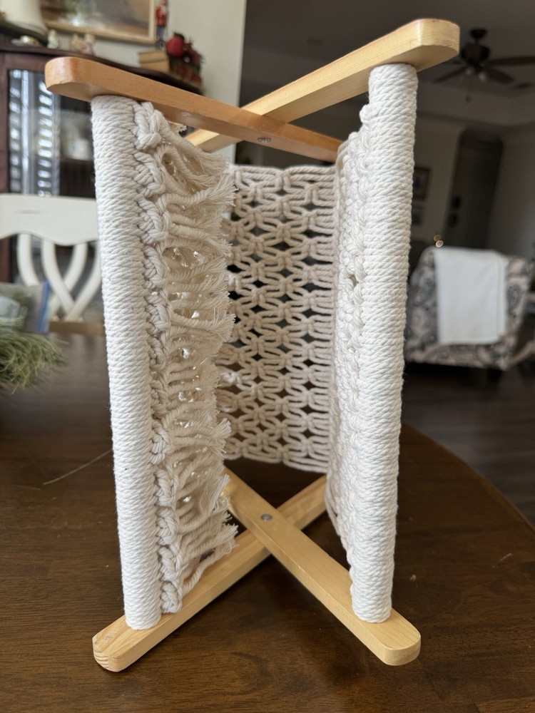 Boho Macrame Beige Cotton/Wood Foldable Magazine Rack