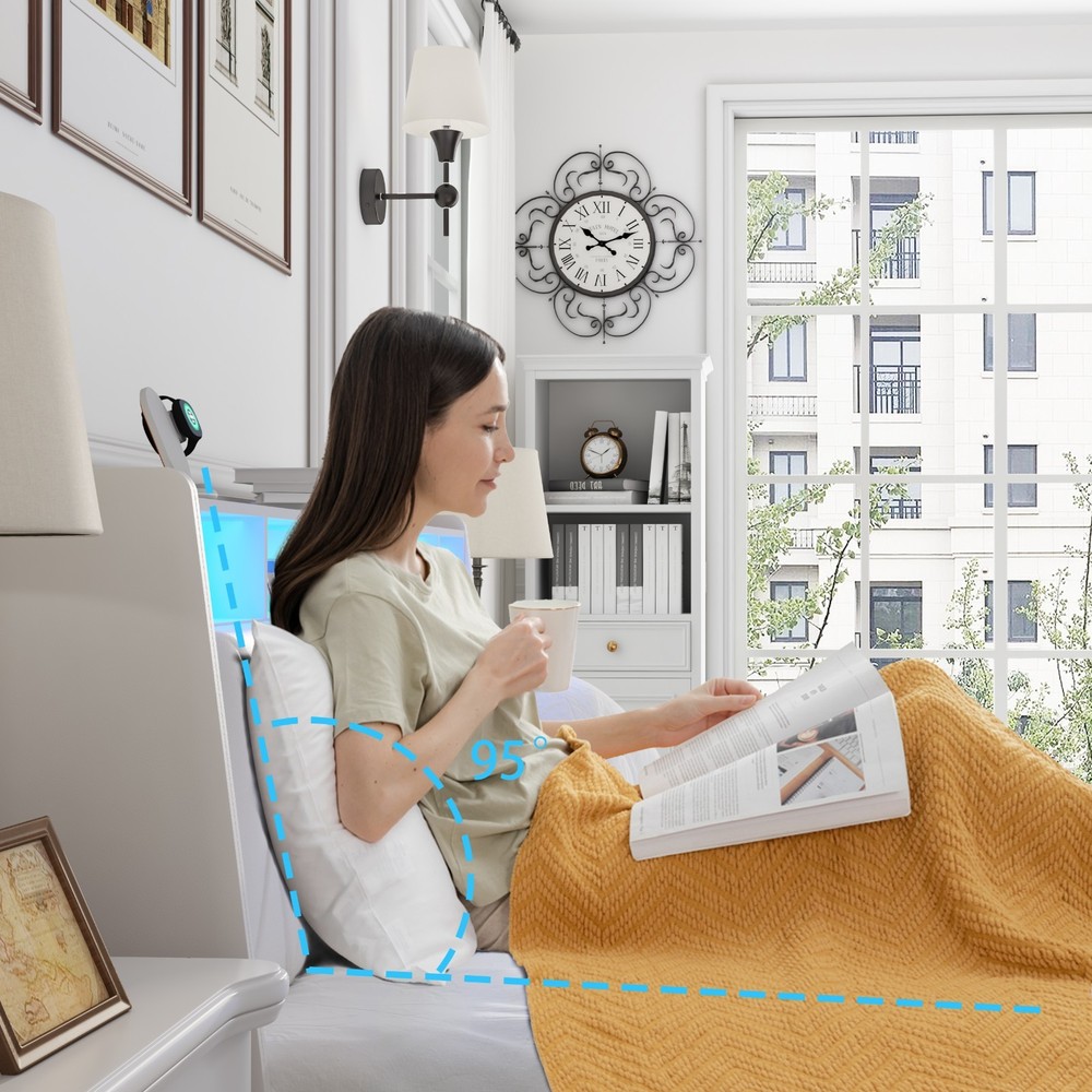 Full Bed Frame - Ergonomic Headboard, Outlets, LED, Storage (Noise-Free)
