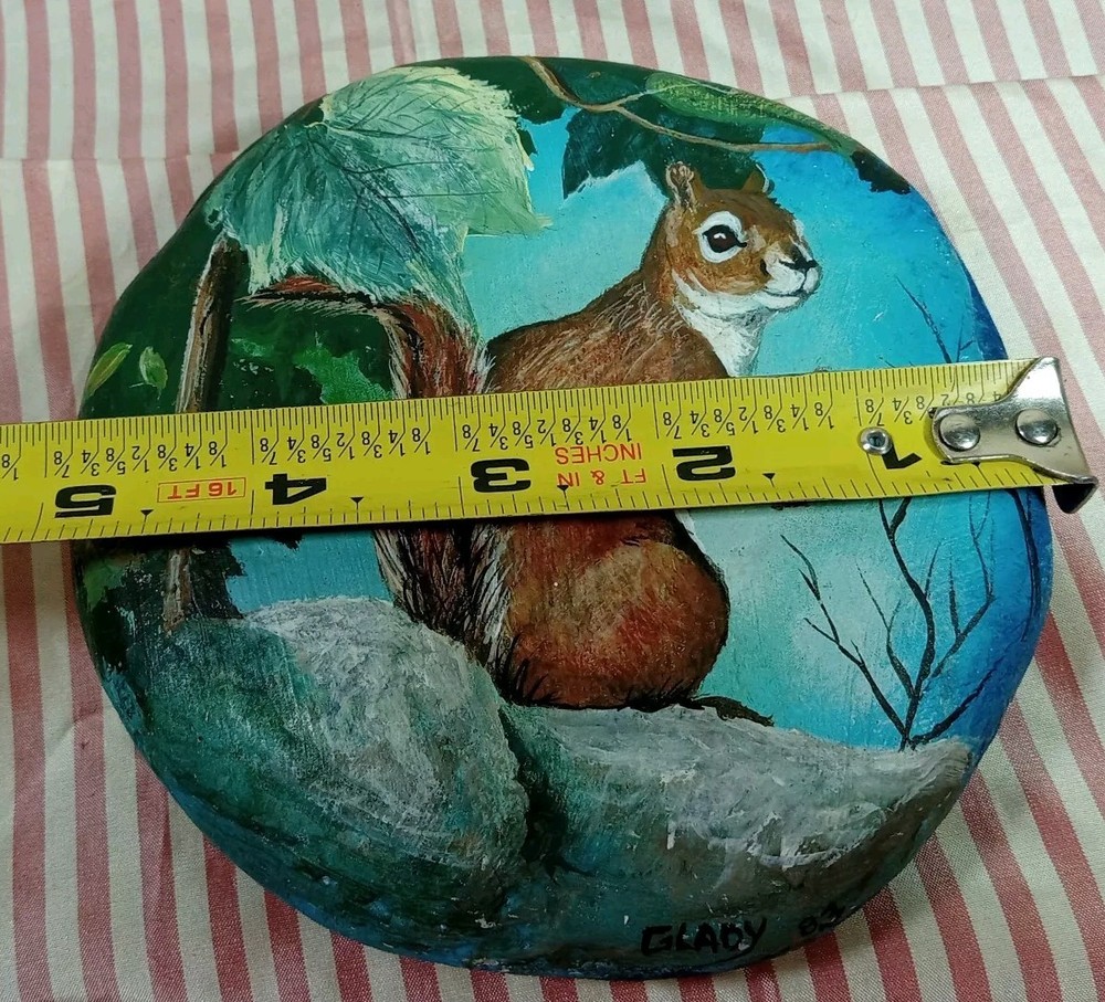 hand painted ROCK SQUIRREL ~5" X 5" COTTAGE CORE SIGNED ARTWORK