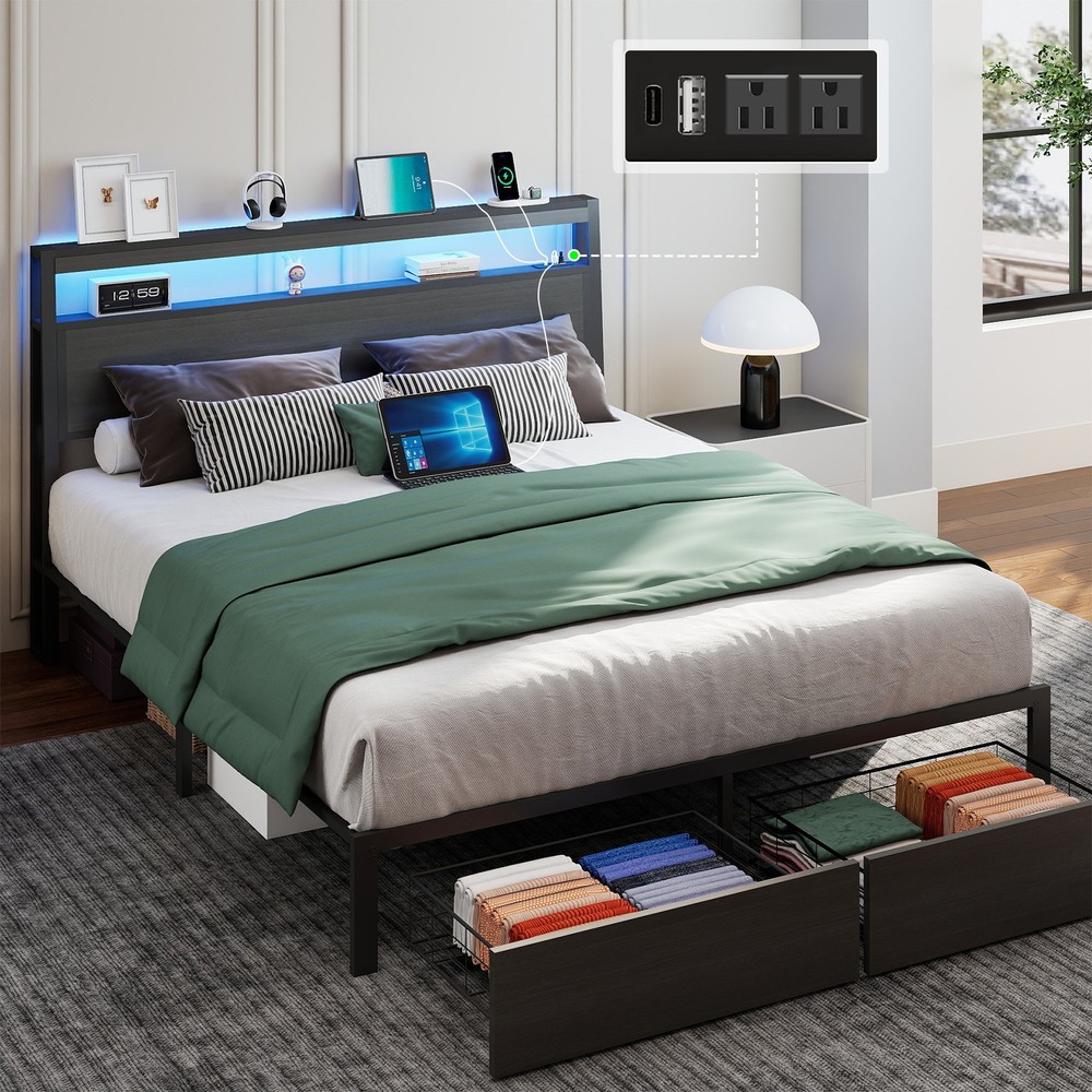 Full Queen Size Metal Platform Bed Frame with 2 Storage Drawers ＆Charging,LED