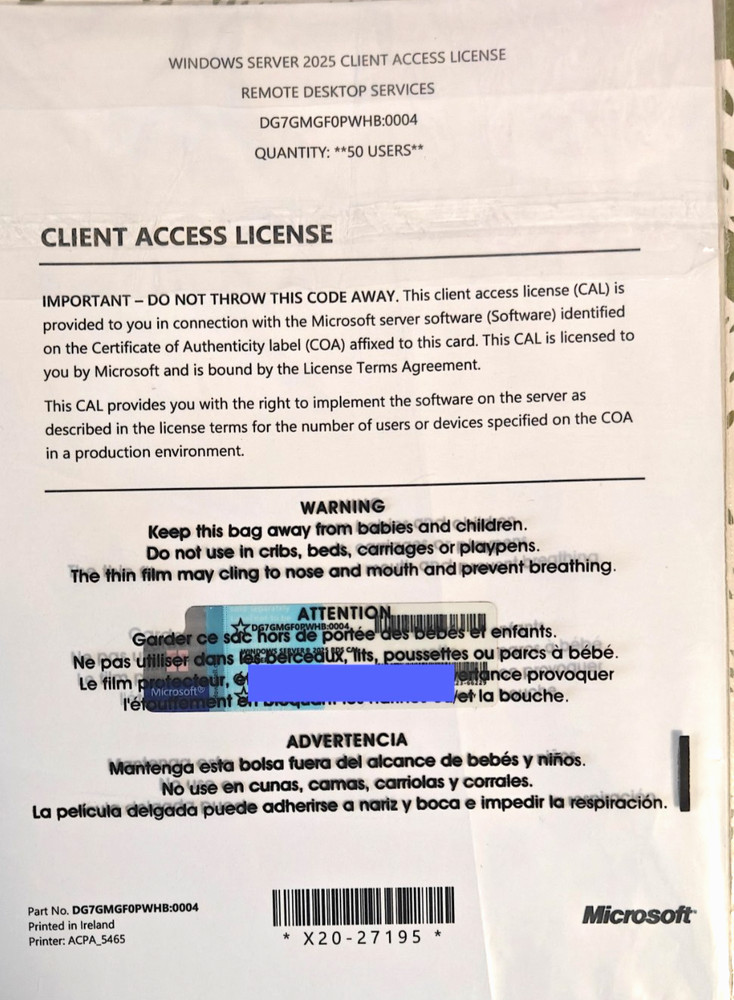Microsoft Remote Desktop Client Access Licenses, Server 2025 RDS CAL, 50 Users