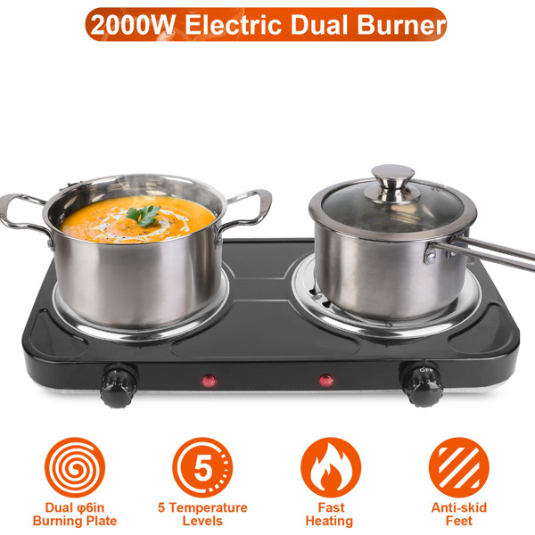 Double Burner Electric Hot Plate, 2000W Fast Heating With 5 Temperature Levels,