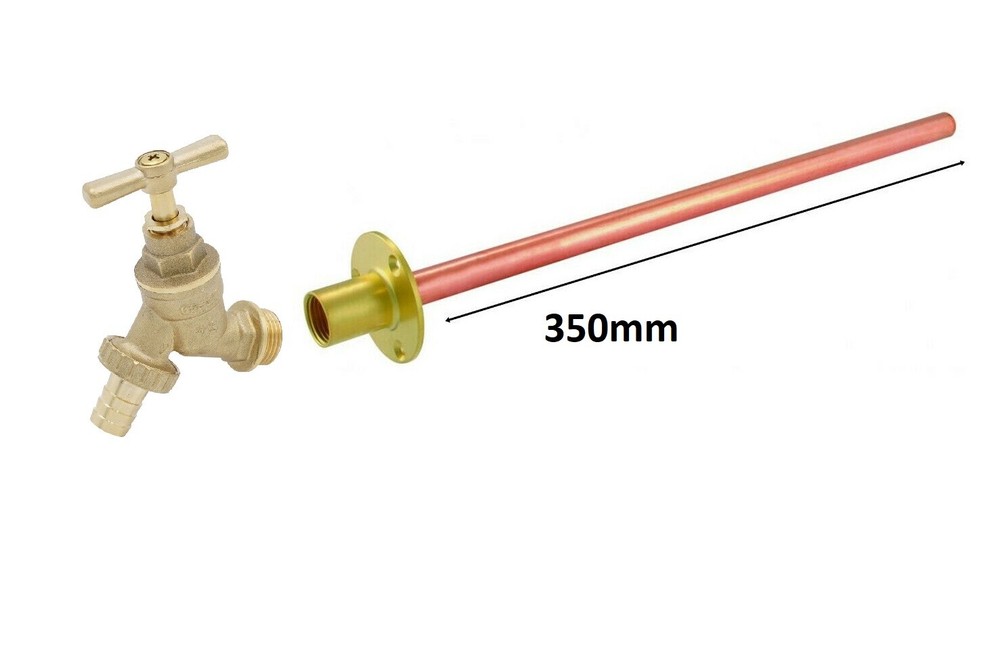 Outside Garden Tap Wall Plate + Tube 15mm X 1/2 350mm Copper Pipe Tube Through