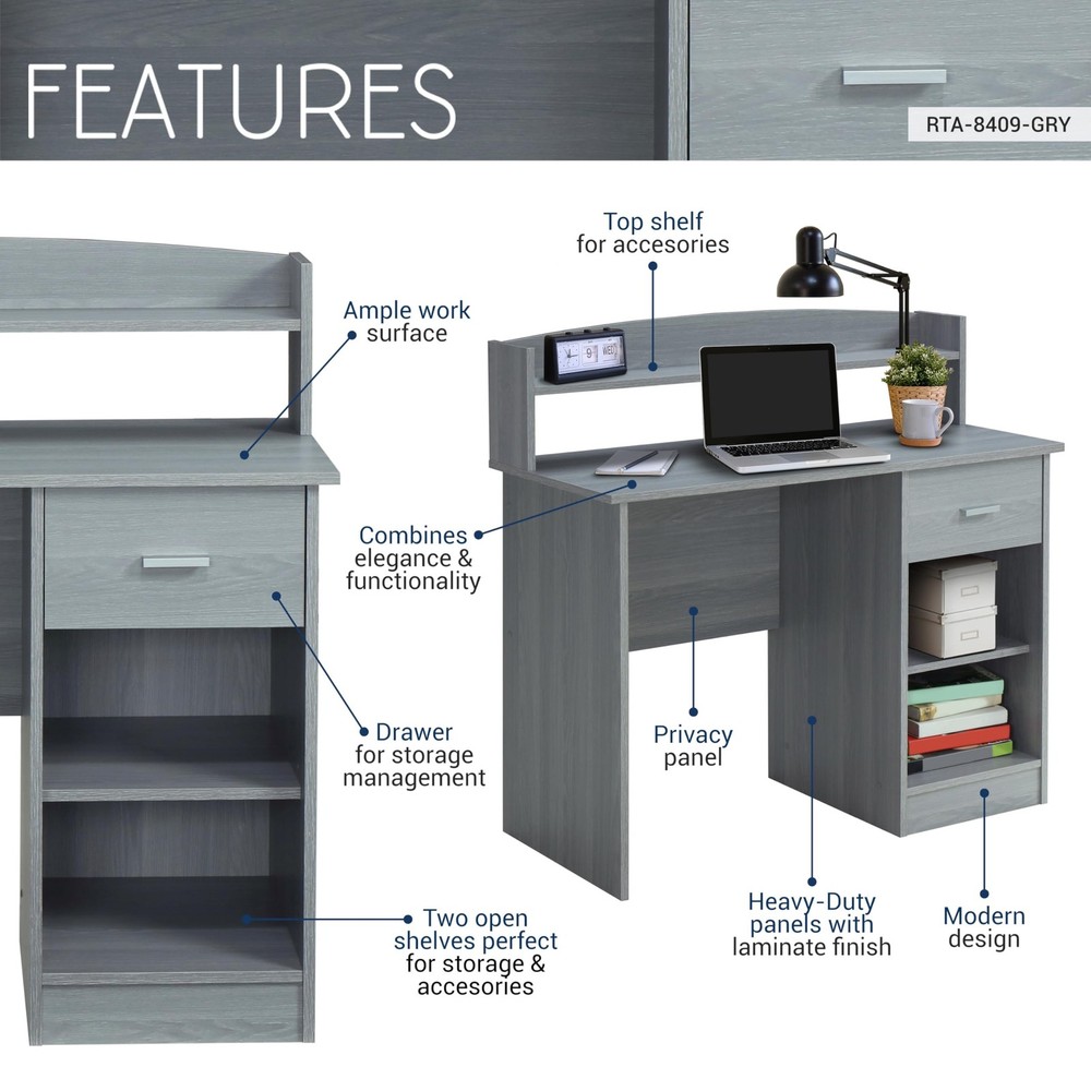Techni Mobili Modern Office Hutch Writing Desk, Grey