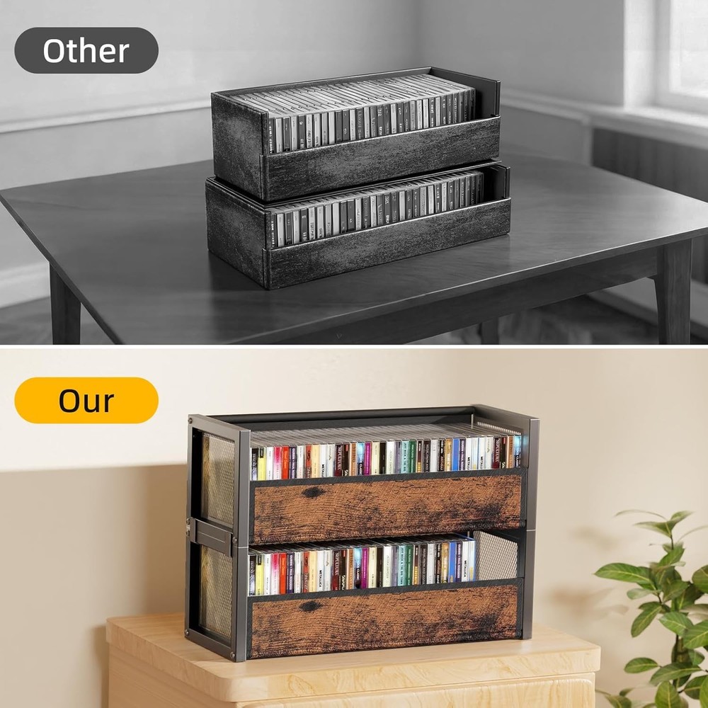 2-Tier CD Holder W/ Fabric Wood Grain Texture Stackable CD Storage Case & Box