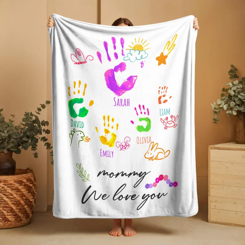 Custom Mama Blanket Personalized Handprints Mom Gift Mother