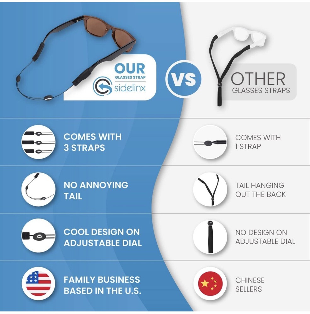 Adjustable Eyeglass Strap (3 Pack Shark Style) - No Tail Sunglass Strap & Cloth