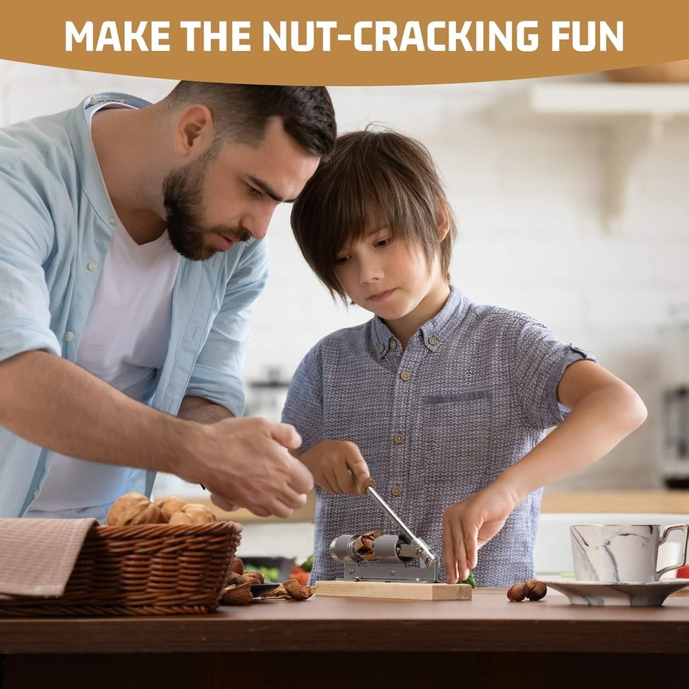 Heavy Duty Pecan Nut Cracker Tool with 4 Picks, Wood Base & Handle