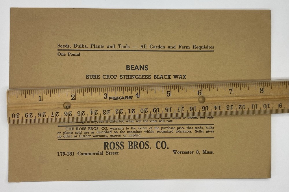 1920s Ross Bros. Co STRINGLESS BLACK WAX BEANS Empty Seed Packet Envelope Unused