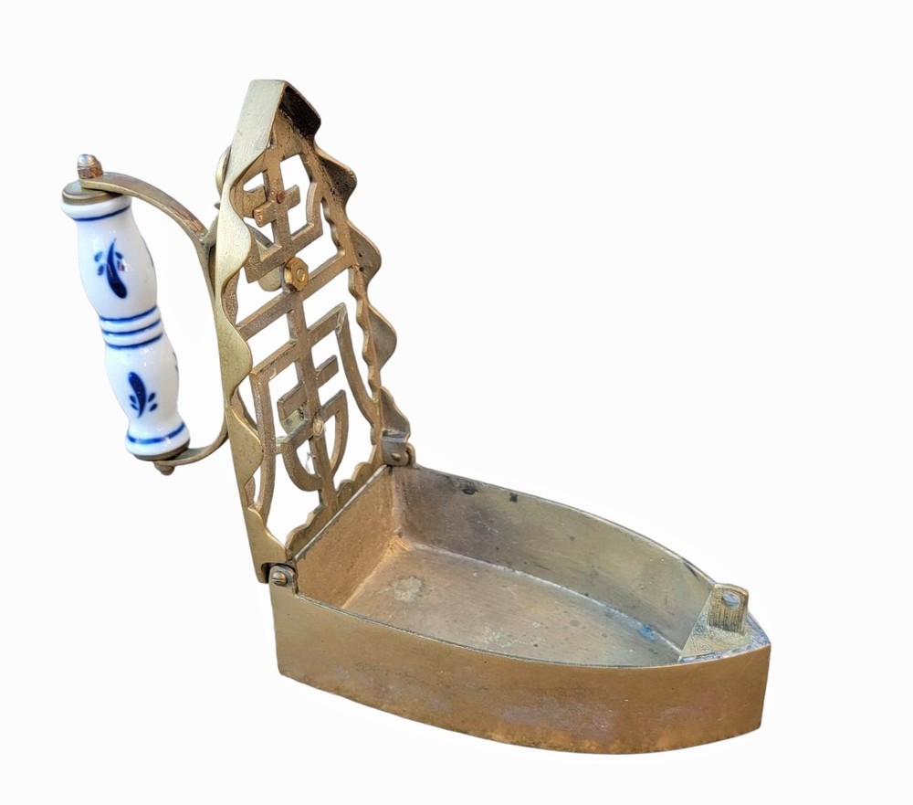 Vintage Brass Coal Iron w/Ceramic Blue & White Handle Opens Victorian Decorative