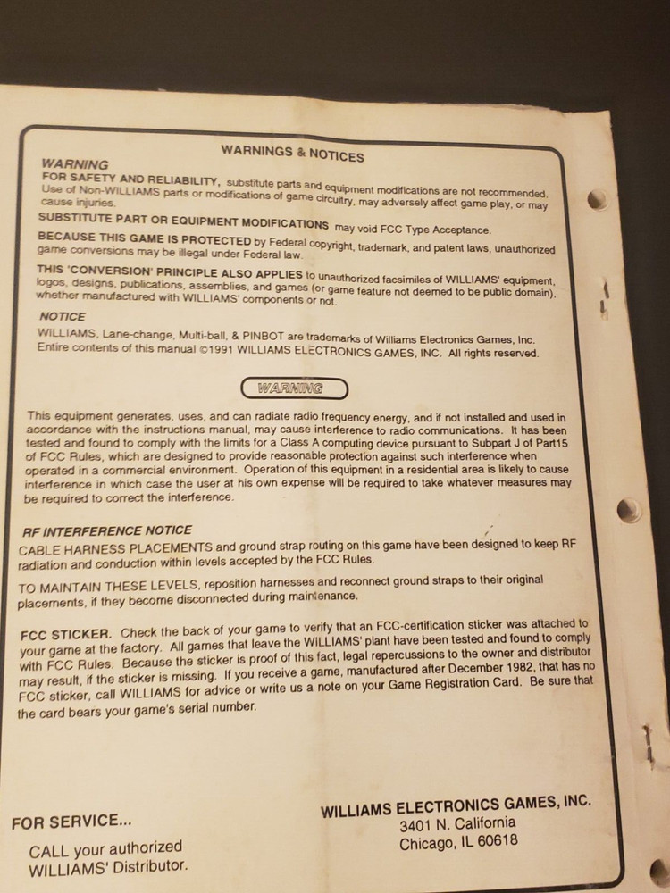 Original 1991 THE MACHINE WILLIAMS Arcade Game Operations Manual & Schematics