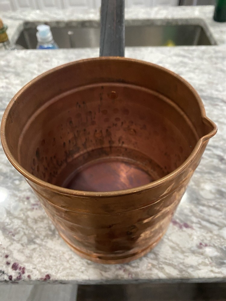 Solid Hammered Copper Pot 8”wide with Long Cast Iron Handle For Hanging. Mint!