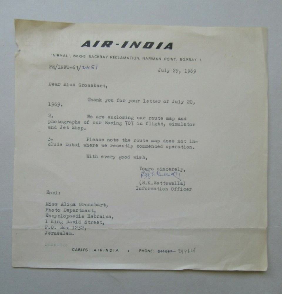 Air-India Letter Document 1969
