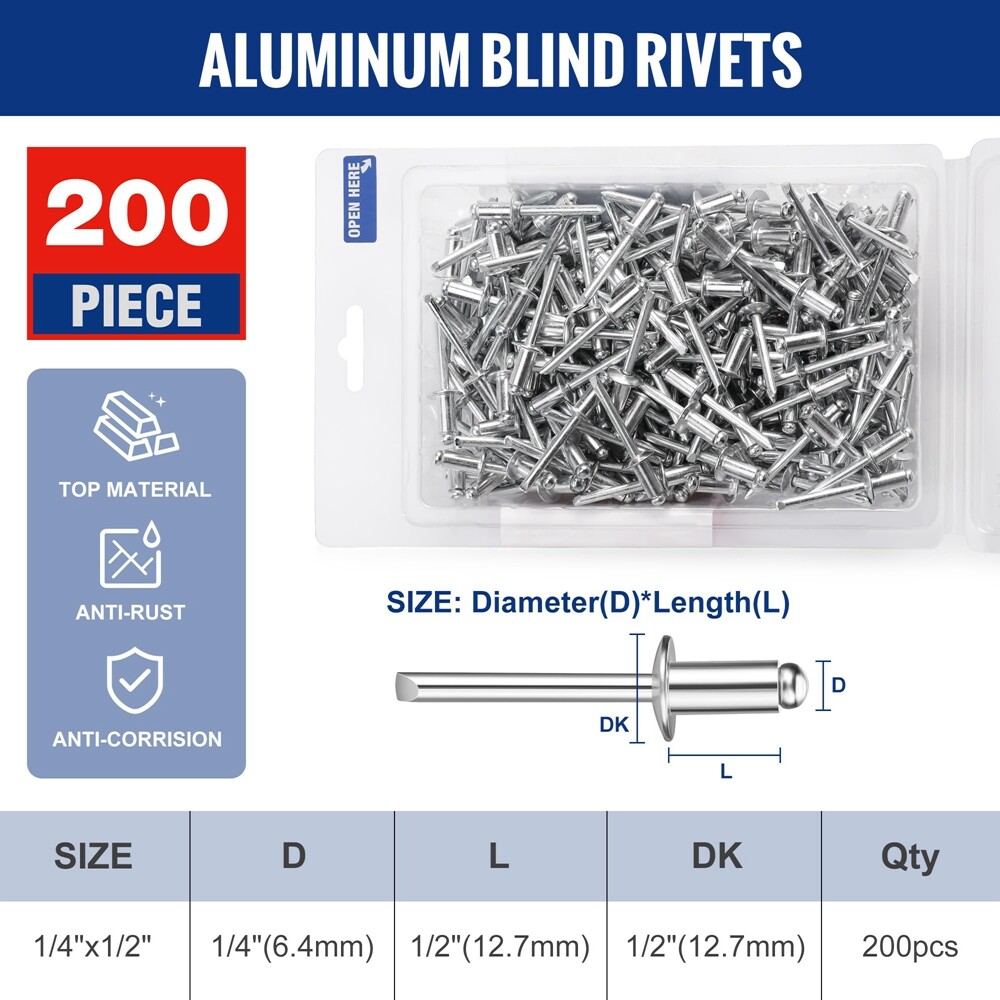 WORKPRO 200Pcs Aluminum Blind Rivets 1/4" x 1/2" Pop Rivets Assortment NEW