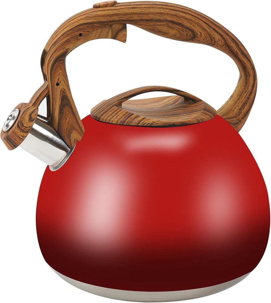 Foedo Festive Red Stovetop Whistling Tea Kettle 3.2 Quart - Stainless Steel w...