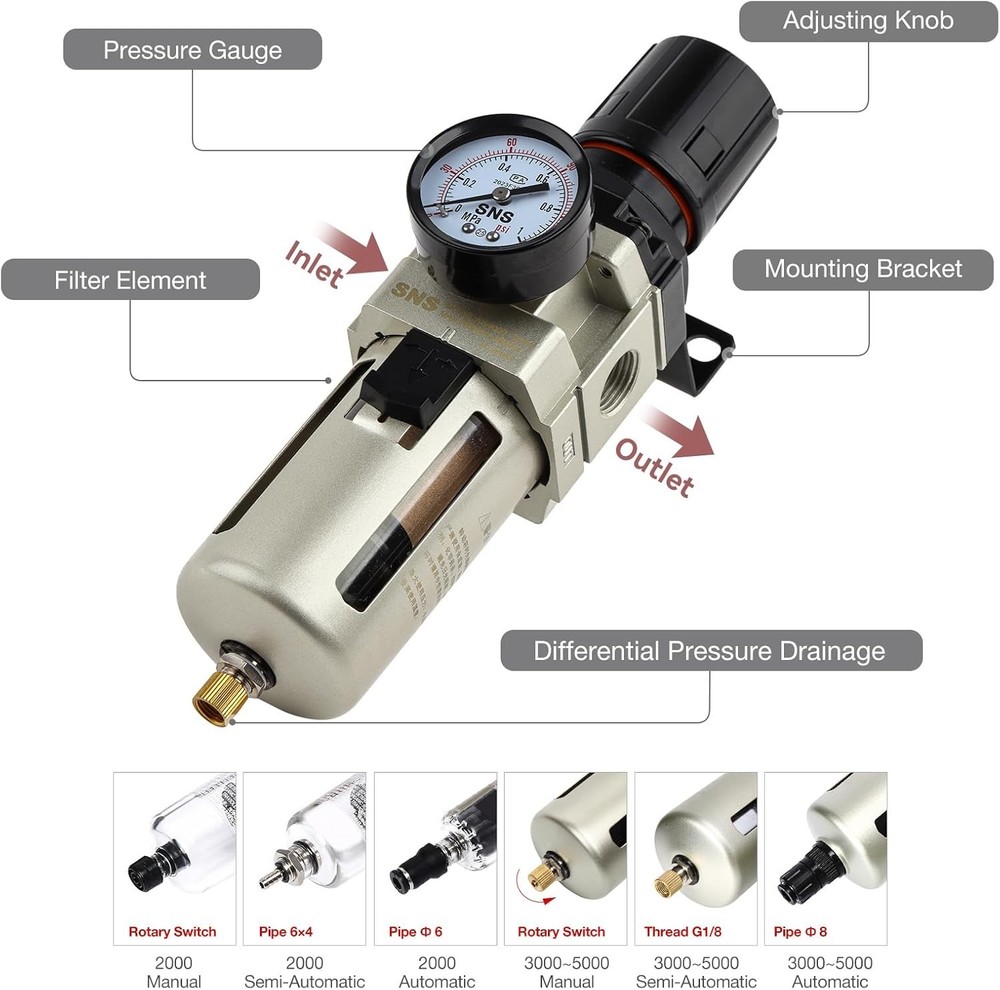 Semi-auto Drain Air Filter Regulator, 5 Micron Brass Filter